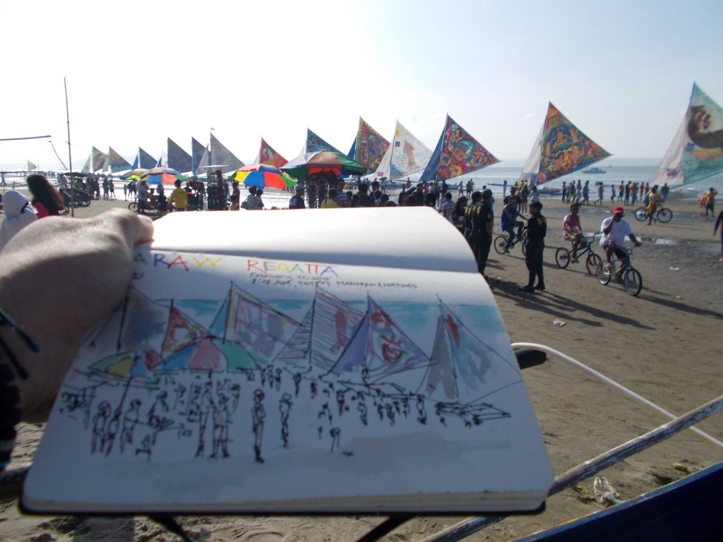 Sketch made during the Paraw Regatta, the largest sailing event in the Philippines. Photo and sketch by Mark Anthony Larida.